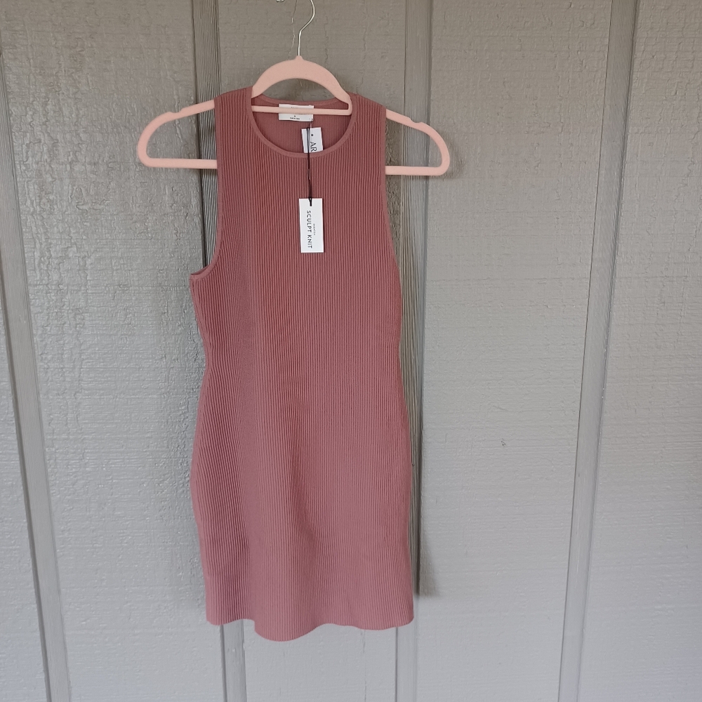Aritzia Babaton Sculpt Knit Ribbed Mini Dress Size M Racer Back In Red Willow